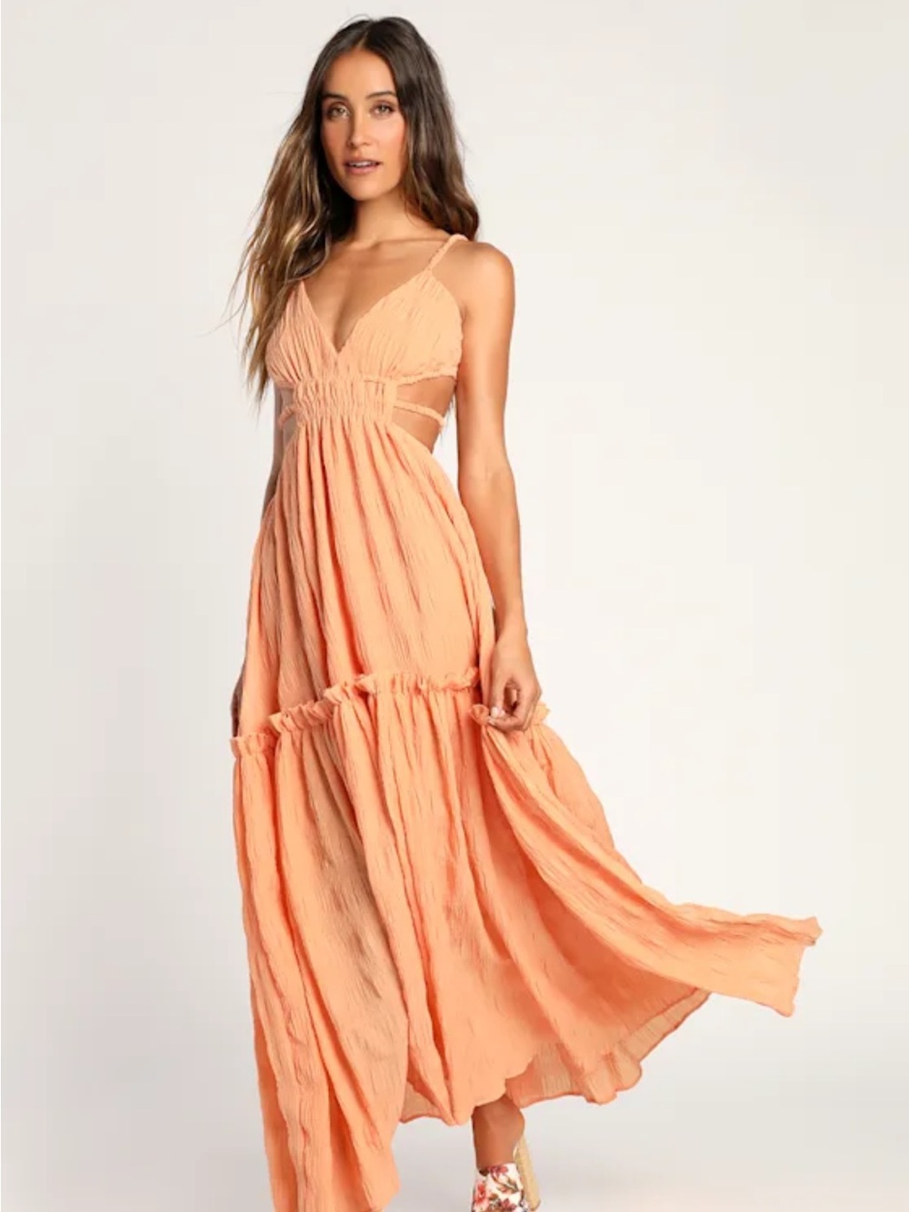 Peach Cutout Maxi Dress with V-Neck and Tiered Skirt